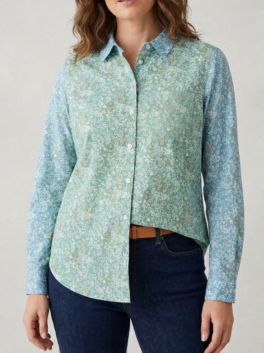 J.Jill Mixed Floral Colorblock Button Up Shirt XS Sage Blue